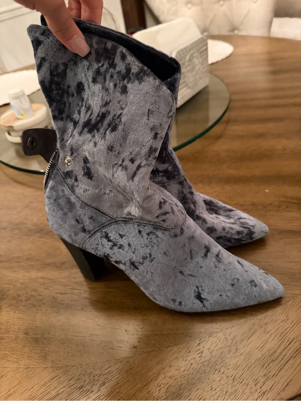 Free People Crushed Velvet Slouchy Pointed-Toe Ankle Boots in Gray